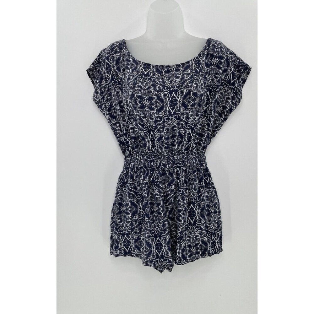 Others Follow Blue Geometric Tie/Open Back Short‎ Sleeve Romper Size M Boho